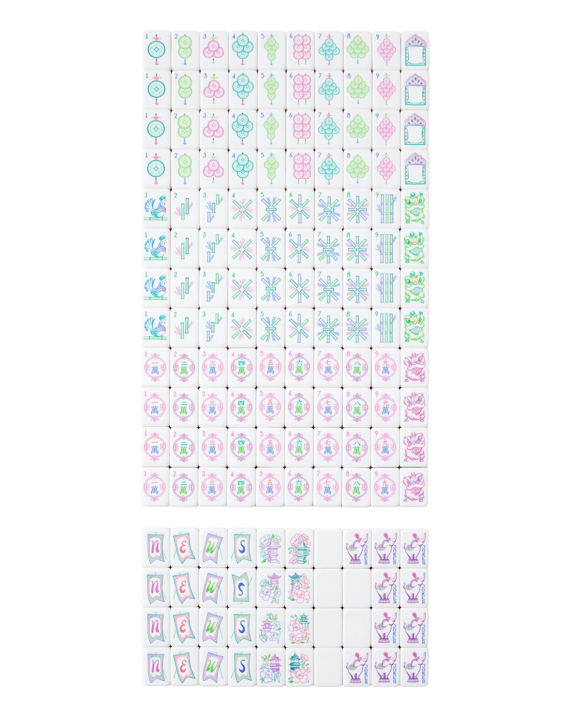 Amara Mahjong Tiles, acrylic, vibrant designs of coins, bamboo, flowers, pagodas, lions, elephants; available in multiple sizes.
