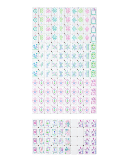 Amara Mahjong Tiles, acrylic, vibrant designs of coins, bamboo, flowers, pagodas, lions, elephants; available in multiple sizes.