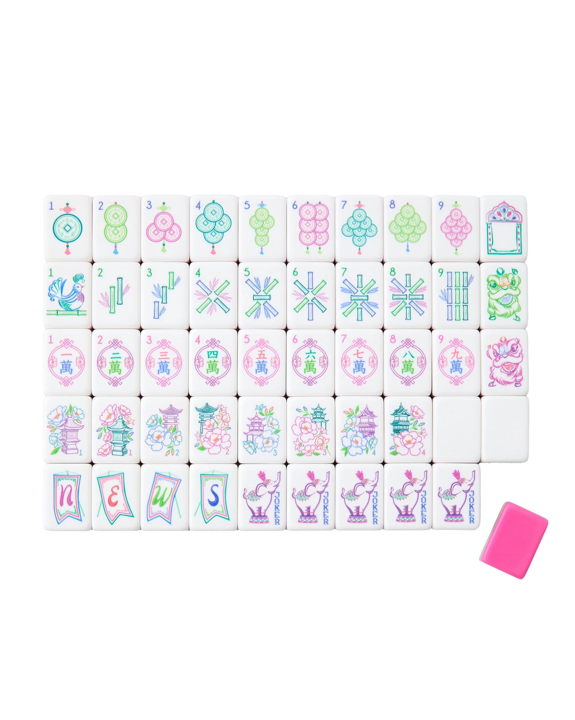 Amara Mahjong Tiles with four blank tiles and a pink tile. Sizes: standard, mini. Four tiles at bottom spell "news.
