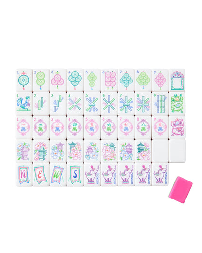 Amara Mahjong Tiles with four blank tiles and a pink tile. Sizes: standard, mini. Four tiles at bottom spell "news.