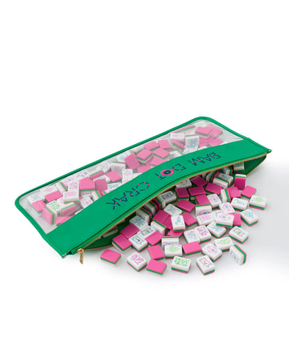 Green zippered "BAM! FOR CRACK" bag for Amara Mahjong Tiles, pink and white with colorful symbols. Sizes available.