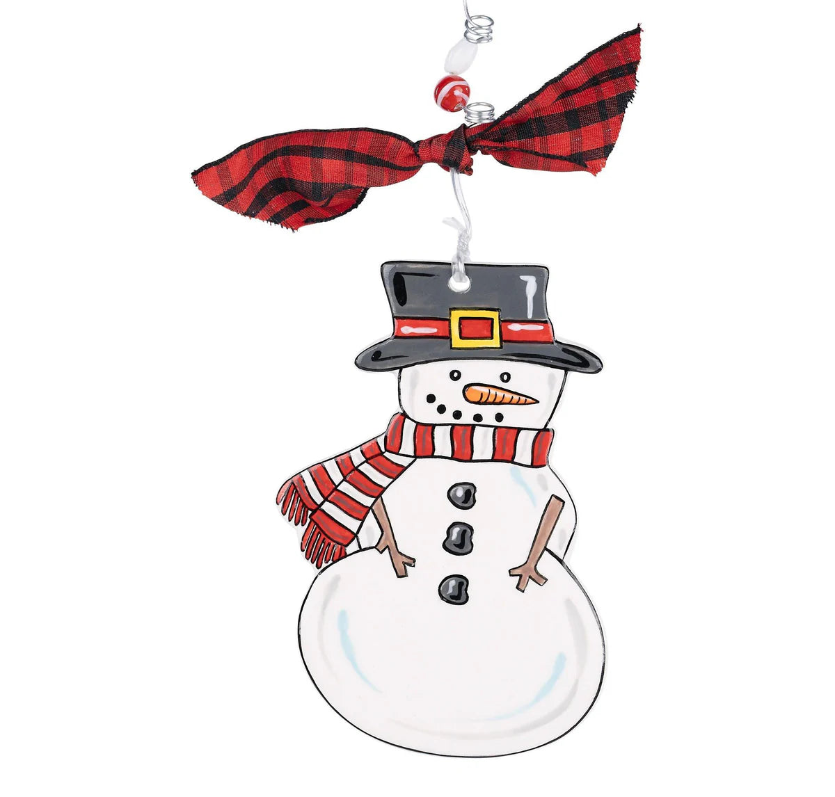 **Tophat Snowman Flat Ornament**

- Hand-painted snowman
- Black top hat with gold buckle
- Red and white striped scarf
- Two black buttons on the body
- Red and black plaid ribbon at the top
- Hangs from a white string

**Sizes Available:**
One size.