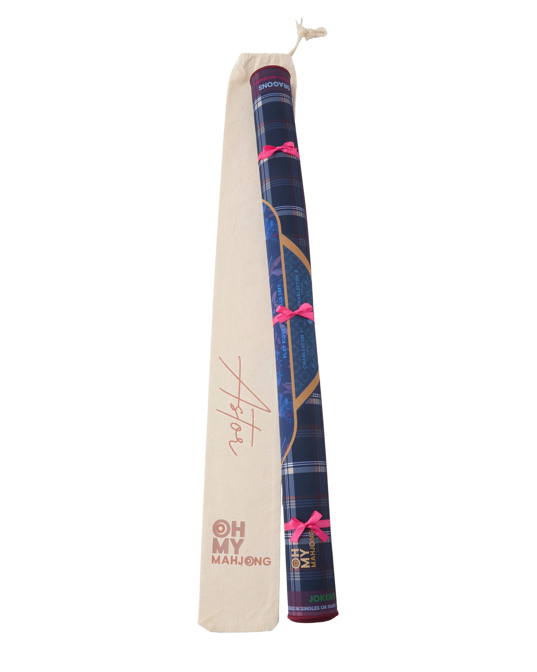 Rolled-up Astor Mat in blue plaid neoprene with pink ribbons. Available sizes: small, medium, large.