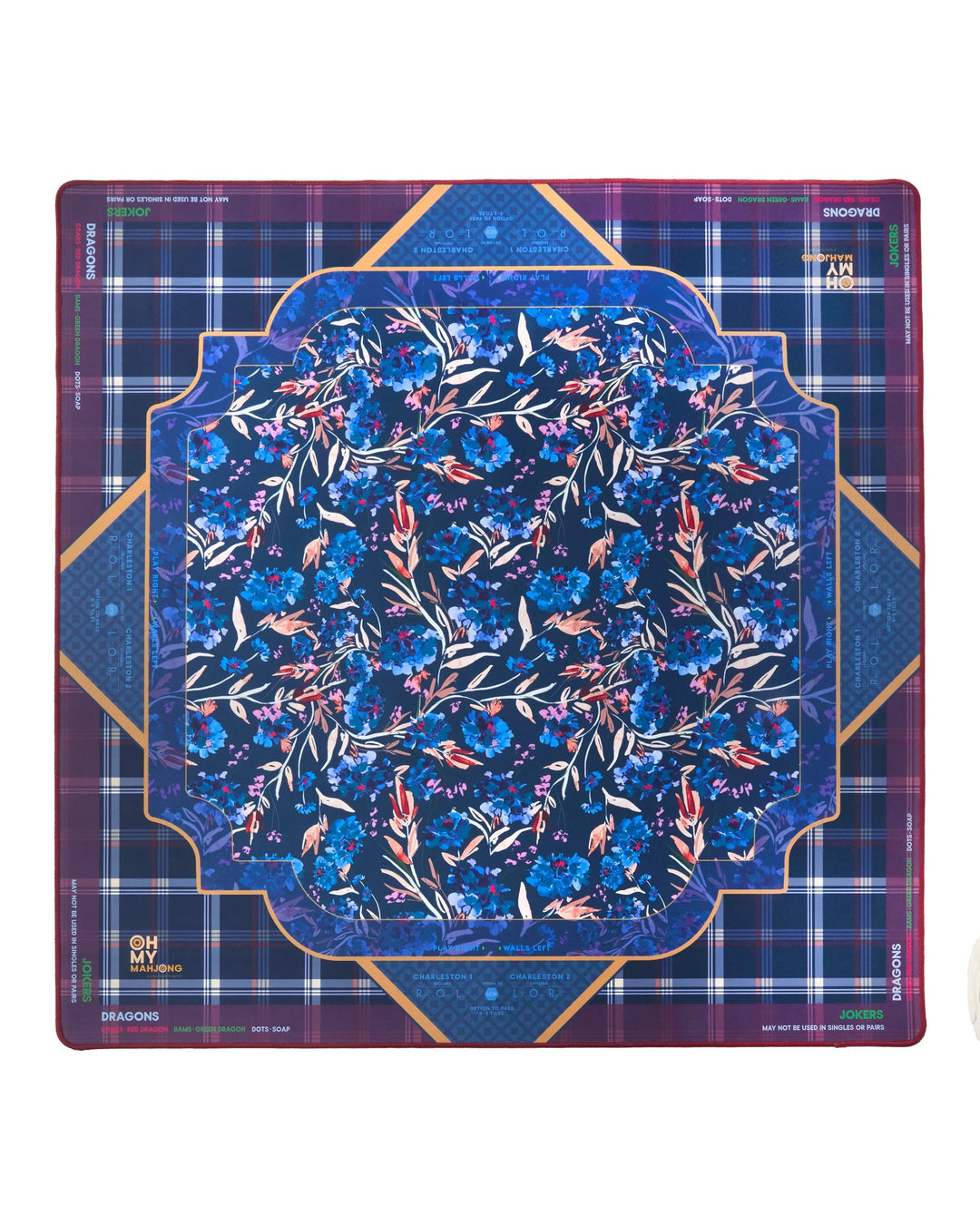 Square scarf with blue floral center, goldfish and dragon motifs, plaid borders, gold accents. Available in multiple sizes.