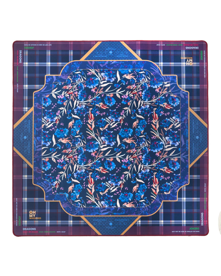 Square scarf with blue floral center, goldfish and dragon motifs, plaid borders, gold accents. Available in multiple sizes.