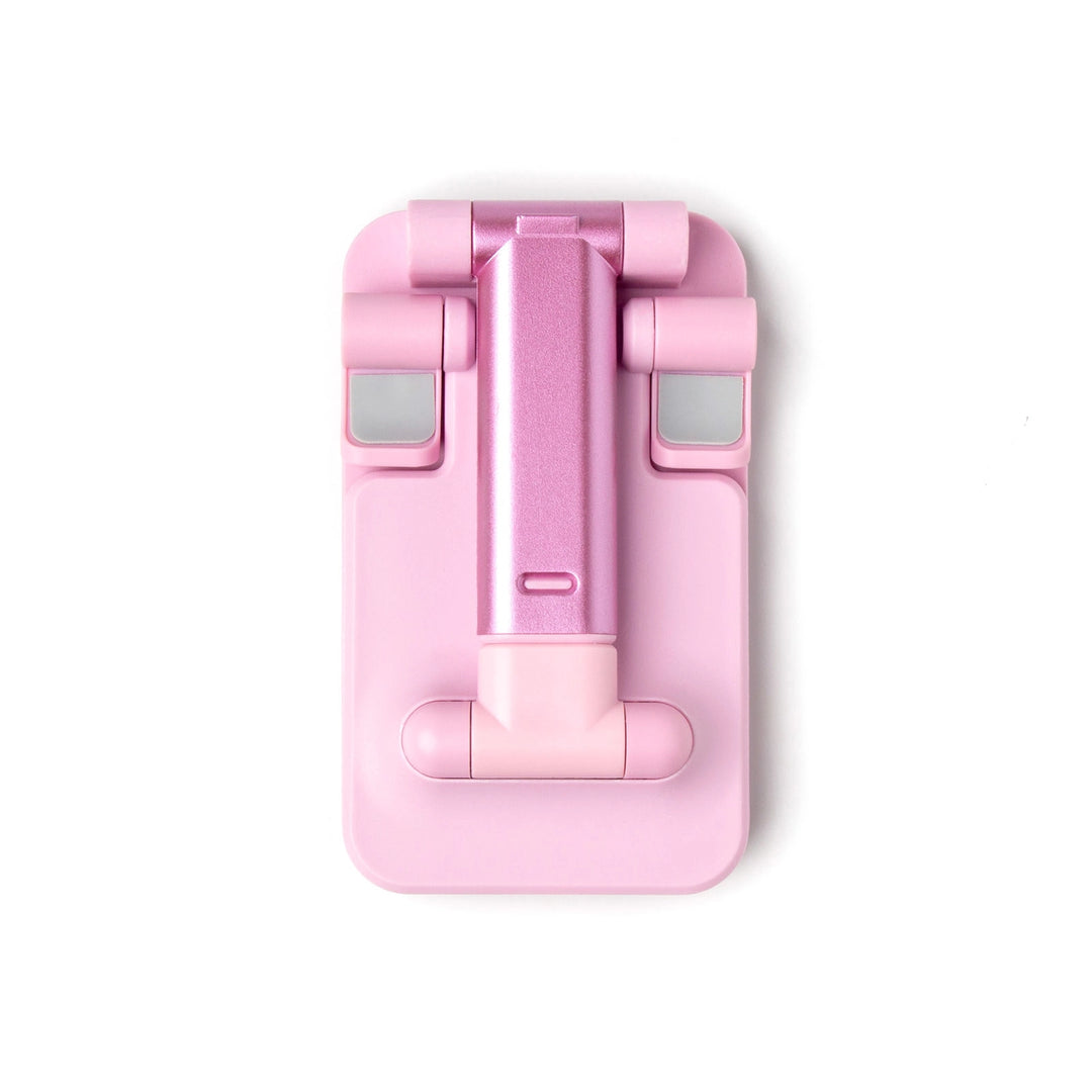 Pink, foldable smartphone holder with rectangular base and adjustable arm; available in small, medium, and large sizes.