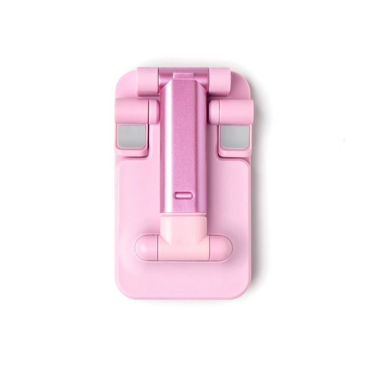 Pink, foldable smartphone holder with rectangular base and adjustable arm; available in small, medium, and large sizes.