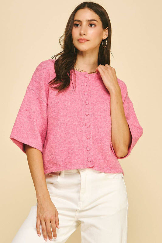 Pink Button Down Short Sleeve Sweater