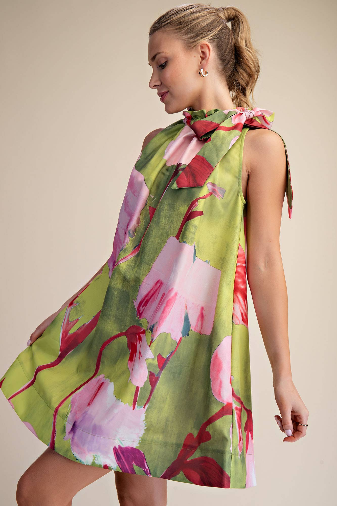 Mini Dress Ruffle Neck Tie Sleeveless Floral Print in Royal, loose fit, ruffled neckline with bow, sizes available: M.
