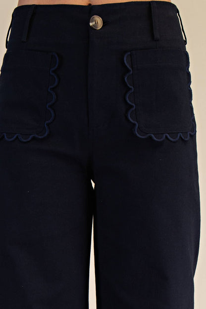 Colette Navy Wide-Leg Scallop Pocket Pants with scalloped front pockets, metal button, belt loops; sizes XS-XL.
