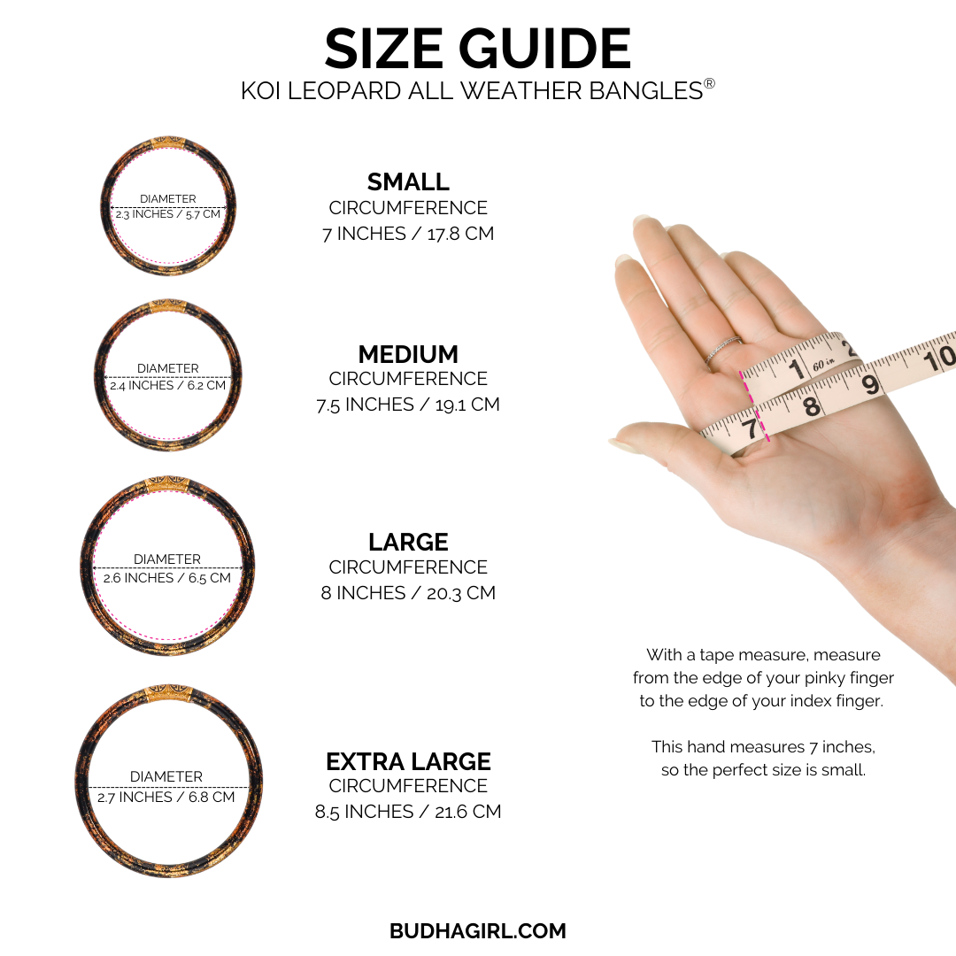 KOI Leopard All Weather Bangle® Set of 4 size guide shows four sizes with diameters and circumferences for this bold colorway.