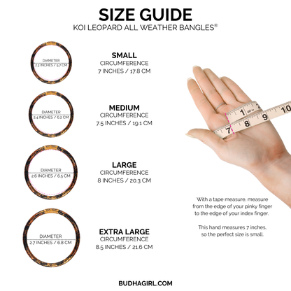 KOI Leopard All Weather Bangle® Set of 4 size guide shows four sizes with diameters and circumferences for this bold colorway.