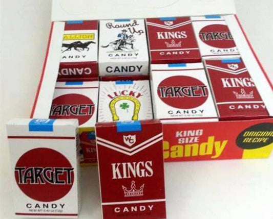 Rectangular packs of Nostalgic Old Fashioned Candy Cigarettes, vintage design, original recipe. Available in King Size.