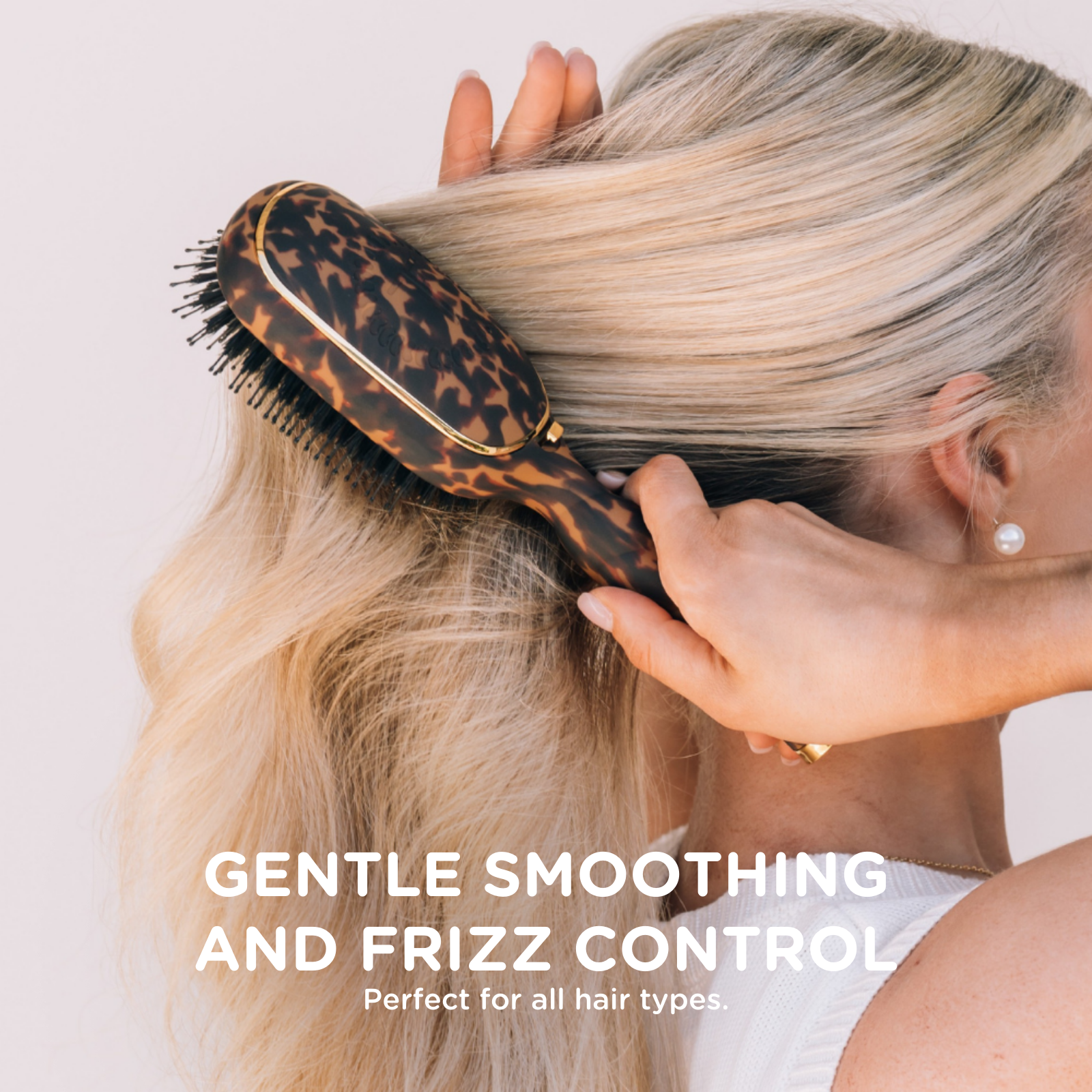 Boar Bristle Hair Brush | Tortoise shown with text: “Gentle Smoothing and Frizz Control. Perfect for all hair types.” Available in multiple sizes.