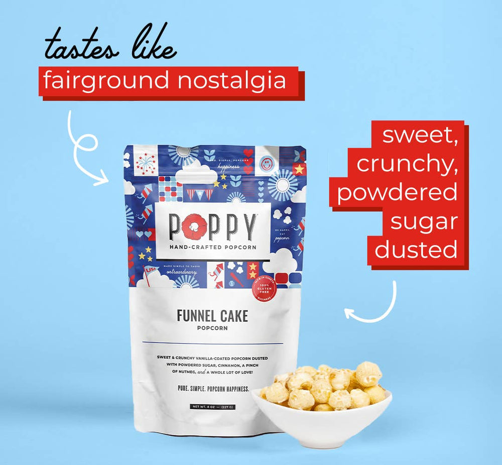 Funnel Cake Popcorn available in 7oz and 14oz bags, vanilla-coated, sweet, crunchy, powdered sugar dusted.