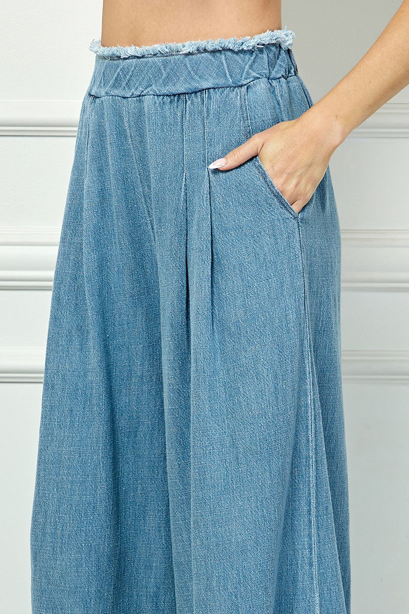 Fringe Detail Wide Denim Pants: high-waisted, wide-leg, raw fringe waistband, light blue cotton denim. Sizes XS–XL available.