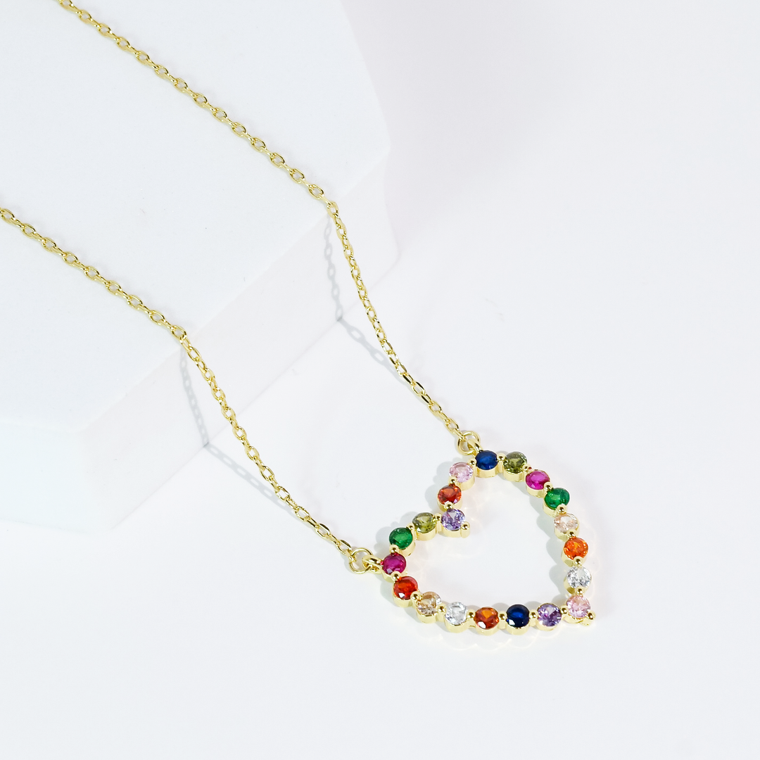 Sparkle Multi Heart Necklace: gold heart pendant with colorful gemstones. Available sizes: 16", 18", 20".