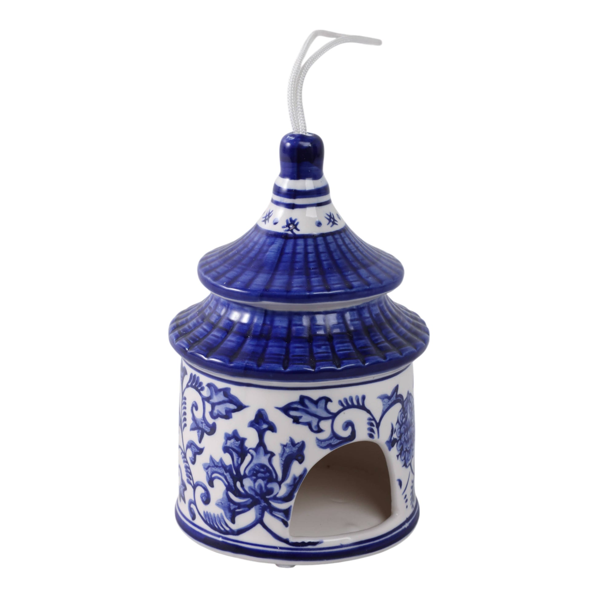 White/Blue 8x5 in. ceramic bird house with blue floral patterns, round entry, and white hanging loop.