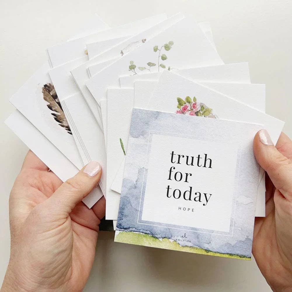 Truth for today hope cards with watercolor artwork and blue-green design, available in standard card size.