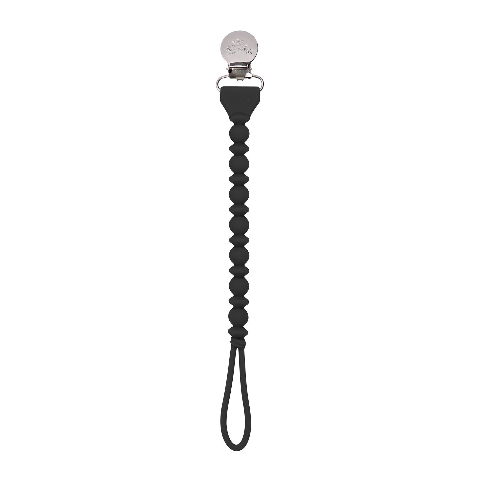 A black, Sweetie Strap™ Silicone One-Piece Pacifier Clip with a silver clasp and loop attachment, isolated on a white background.