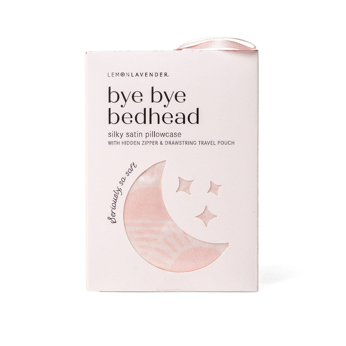 Box of Lemon Lavender Silky Pillowcase Pattern Assort with crescent moon, three stars, circular window showing pink silky pillowcase. Packaging notes hidden zipper and travel pouch. Sizes available: standard and king.