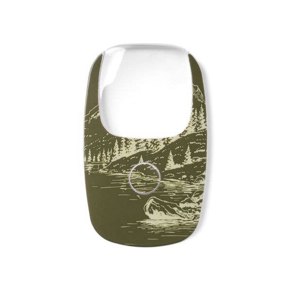 Olive green Optimum Optical The Hobbyist OptiCard LED Pocket Magnifier skin with a cream illustration of a lake, trees, mountains, and an alligator. Features a circular cutout for the built-in 2X LED magnifier. Available in pocket size.