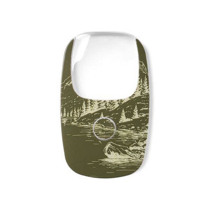 Olive green Optimum Optical The Hobbyist OptiCard LED Pocket Magnifier skin with a cream illustration of a lake, trees, mountains, and an alligator. Features a circular cutout for the built-in 2X LED magnifier. Available in pocket size.