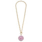 Gold chain necklace with large links, round pink pendant, Greek key border, Medusa head detail. Sizes: S, M, L.