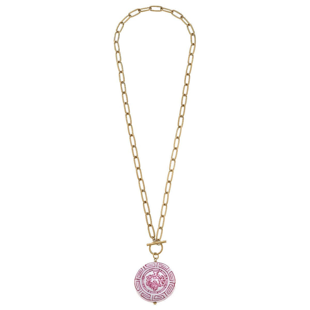 Gold chain necklace with large links, round pink pendant, Greek key border, Medusa head detail. Sizes: S, M, L.