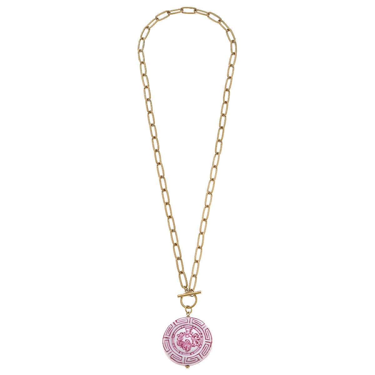 Ophelia Pink Chinoiserie Pendant T-Bar Necklace in Pink & White