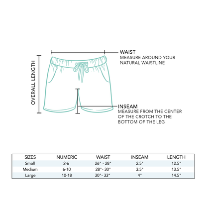 Black Cotton Cabana Shorts, relaxed fit; arrows show waist, inseam, length; size chart for S, M, L.