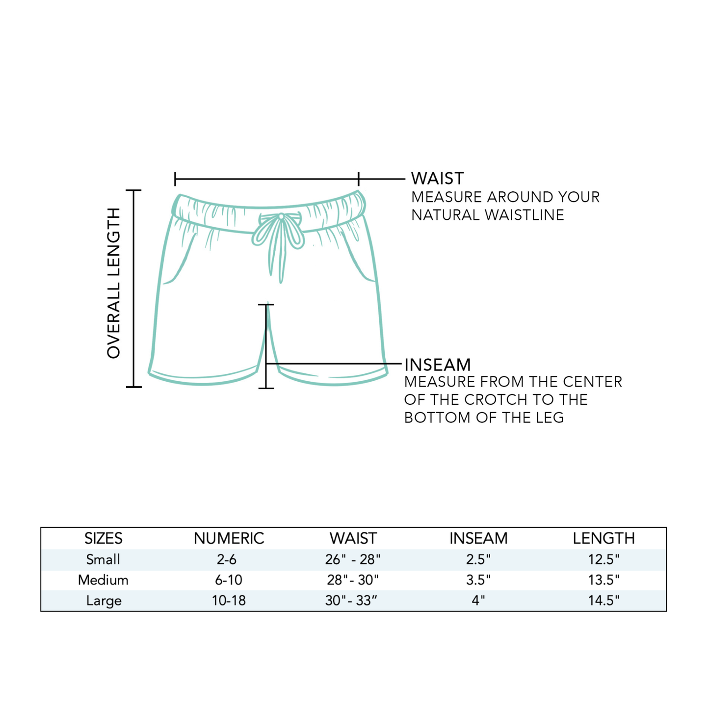 Black Cotton Cabana Shorts, relaxed fit, labeled measurements. Sizing chart shows sizes S-XL, waist, inseam, and length in inches.