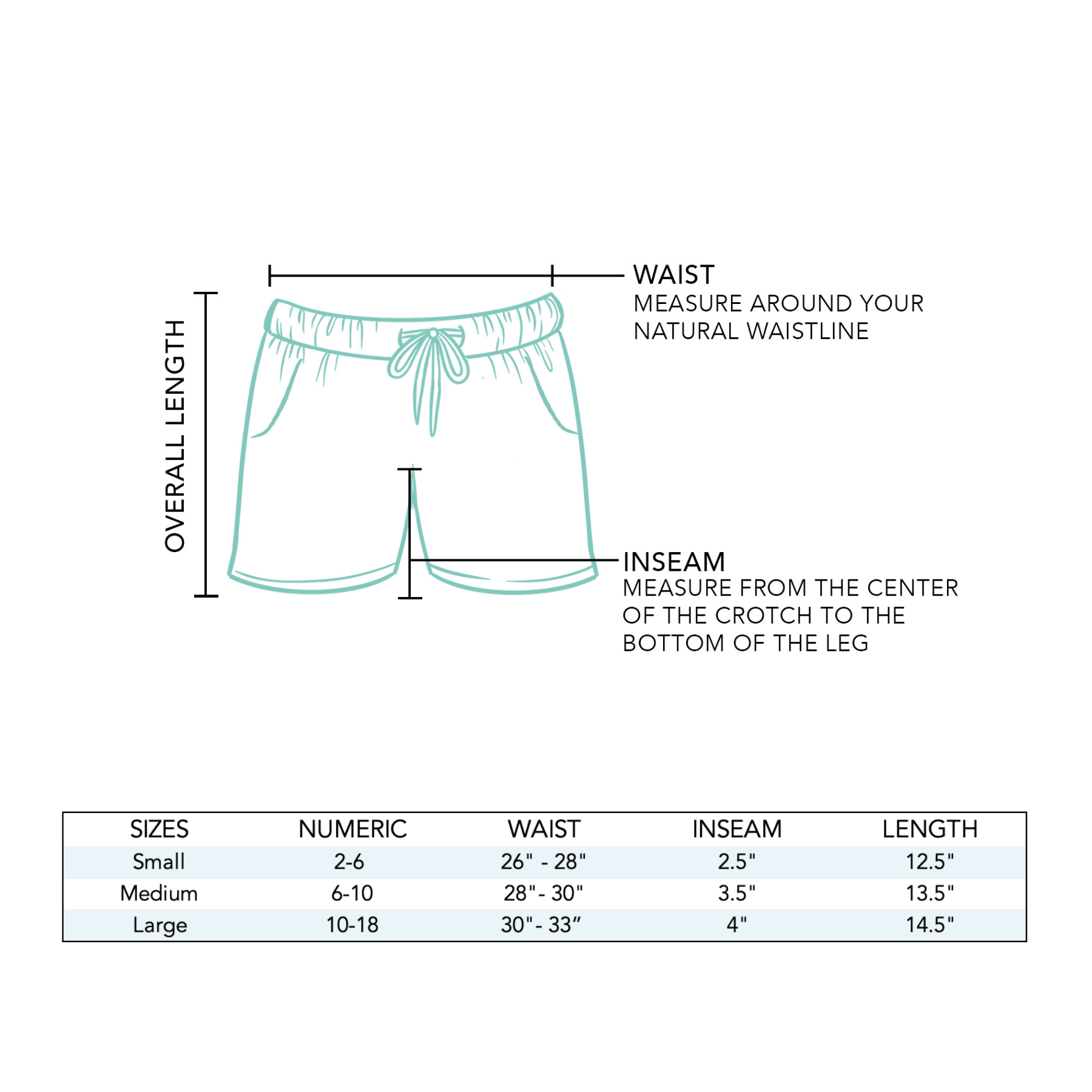 Black Cotton Cabana Shorts, relaxed fit, labeled measurements. Sizing chart shows sizes S-XL, waist, inseam, and length in inches.