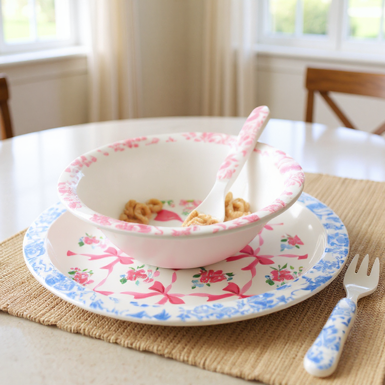 Itzy Bistro™ 4-Piece Set: floral BPA-free melamine bowl, plate, spoon, and fork. Toddler size.