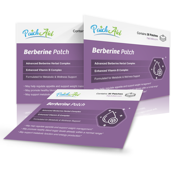 Three purple boxes of PatchAid Berberine Patch – GLP-1 Support &amp; Appetite Control, each box containing 30 plant-based supplement patches with herbal and vitamin B complex. Sizes: 30 patches per box.