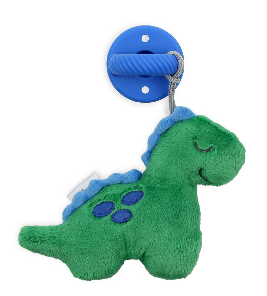 A green Sweetie Pal™ Plush & Pacifier: Dino toy with blue spots and a closed smile, attached to a blue plastic clip by a grey rope, designed as a Sweetie Pal pacifier lovey, isolated on a white background