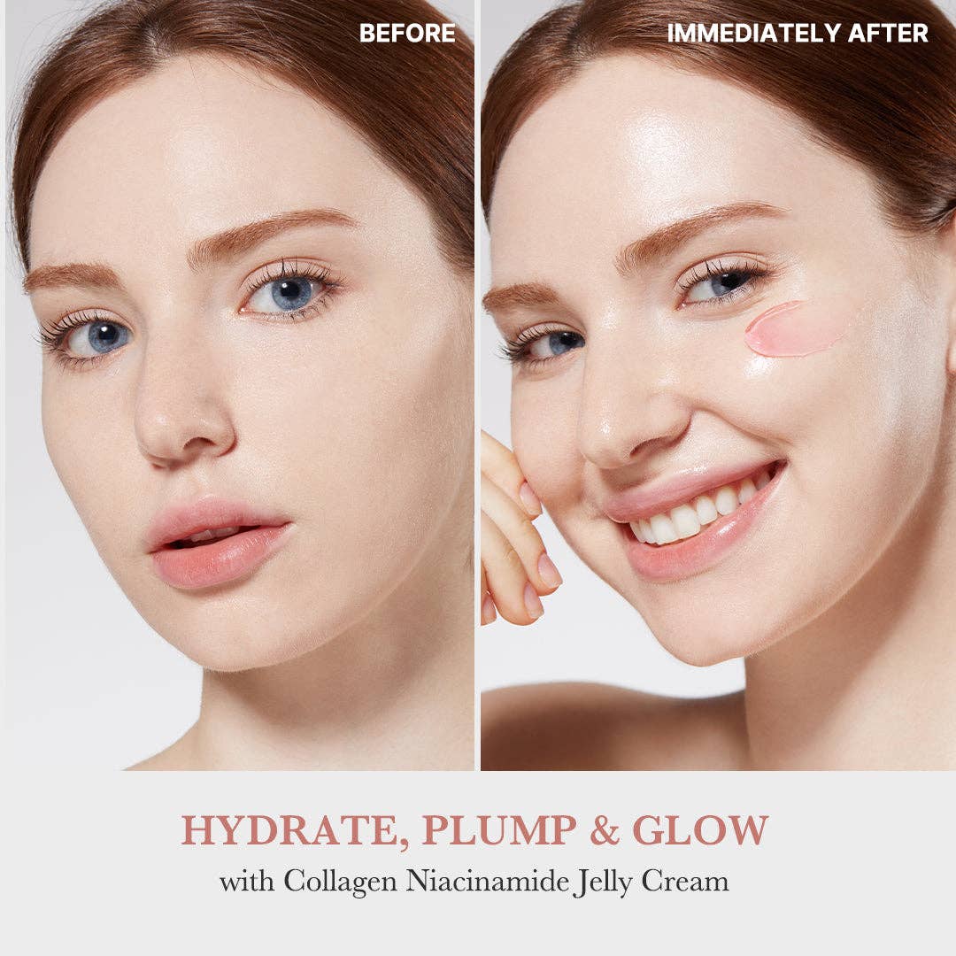 Side-by-side skin results after using MEDICUBE Collagen Niacinamide Jelly Cream (50ml, 100ml). Text: "Hydrate, Plump &amp; Glow.