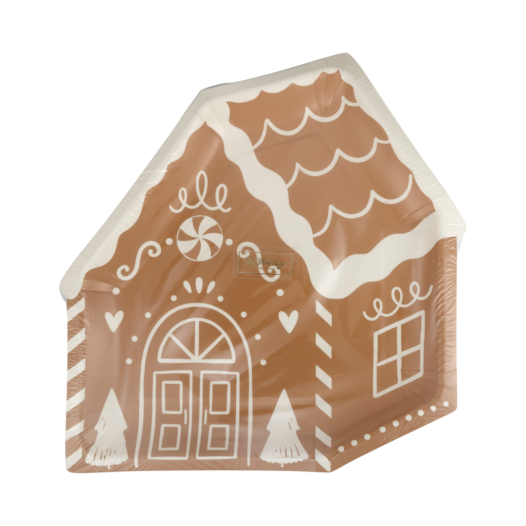Gingerbread House 9″ Plate with white icing-style door, window, and tree designs.