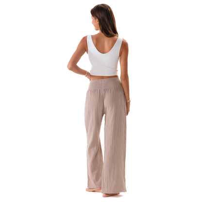 Stone Wide Leg Cotton Pants in beige, shown in size S; available sizes: S, M, L. Relaxed fit and breezy spring style.