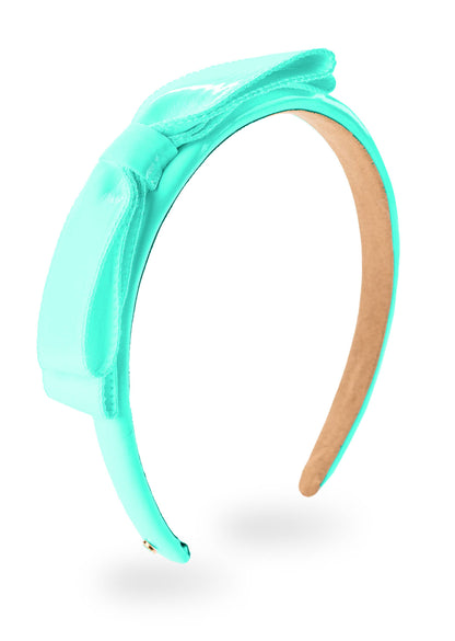 Shiny turquoise satin Sloane Mini Bow Headband with large side bow and beige underside. Available in one size.