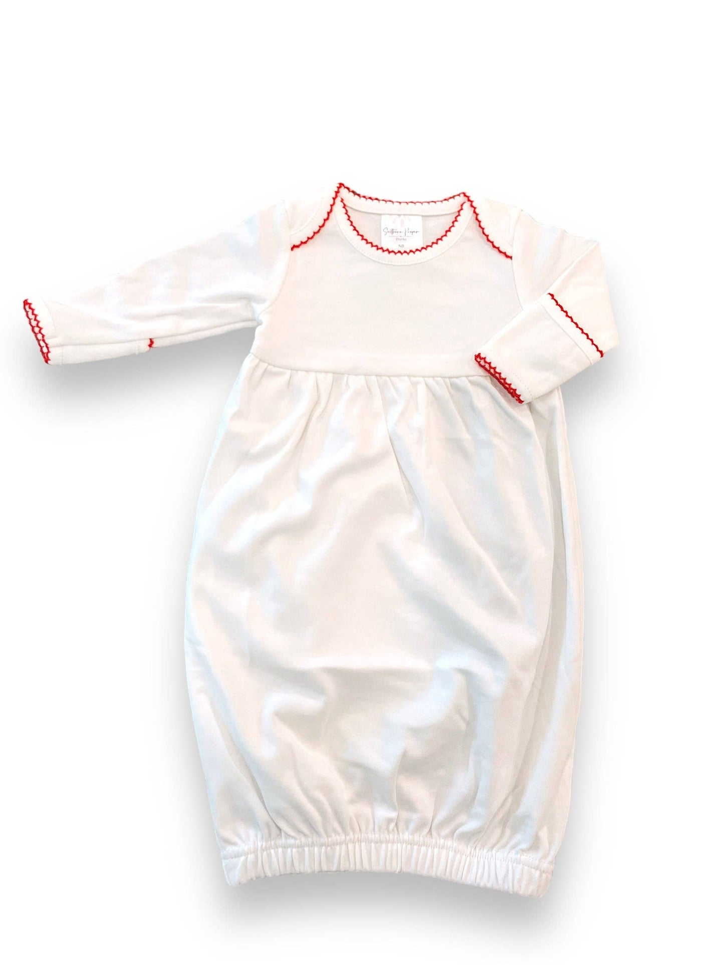 Picot Trimmed Baby Sleeping Gown with a plain background, designed with long sleeves and an elastic bottom for easy access.