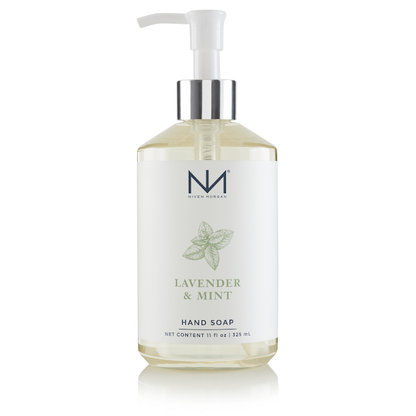 11 oz (325 mL) clear pump bottle of Lavender & Mint Hand Soap with white label, green text, mint leaf illustration.