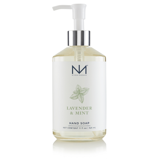 11 oz (325 mL) clear pump bottle of Lavender & Mint Hand Soap with white label, green text, mint leaf illustration.
