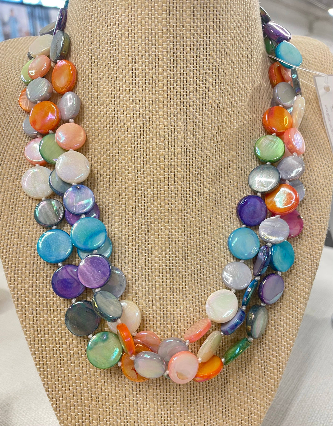 Mother of Pearl 3 Strand Necklace with magnet clasp, shiny multicolor round beads. Available sizes: 16", 18", and 20".