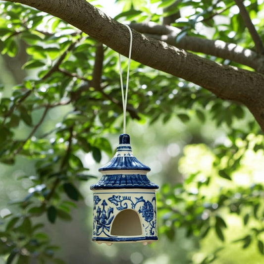 White/Blue 8x5 in. ceramic Chinoiserie Pagoda Bird House with elegant floral patterns.