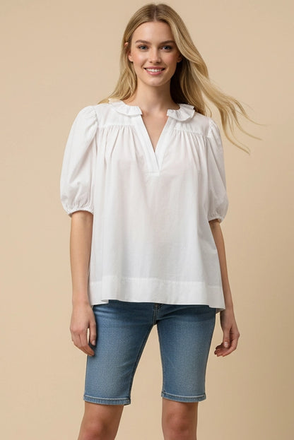 White Ruffled V-Neck Puff Sleeve Blouse with half sleeves, available in sizes XS-XL.