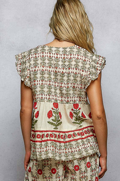 Cream V-Neck top with ruffled sleeves, red and green floral hand block prints. Available in XS-XL.