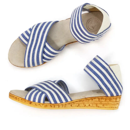 Peachtree Navy & White Stripe Wedge Sandals: blue/white straps, cork soles, bunion-friendly, sizes 6-11, side/top views.