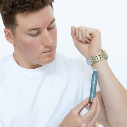 Mixologie Men II (Modern & Masculine) Cologne Oil Rollerball applied to wrist; available in 5ml and 10ml sizes.