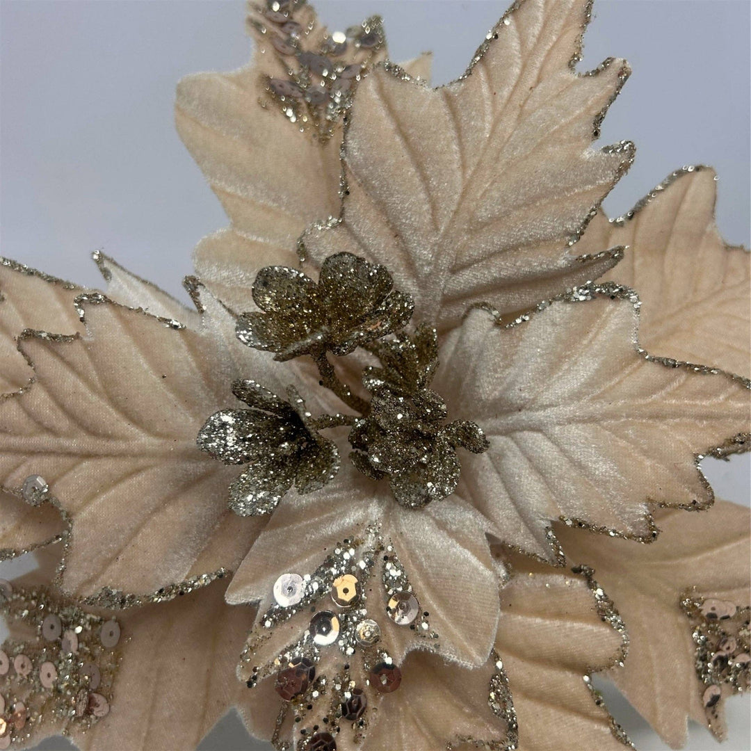 Beige Velvet Poinsettia w/ Champagne Glitter, 12″ diameter; sparkling beige leaves with sequined small flowers.